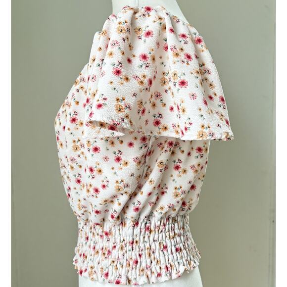 Monteau XL Floral Crop Top Puff Sleeve Smocked Waist Blouse Y2K Cottagecore - Picture 4 of 8